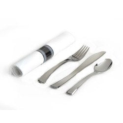 Look Like Silver Plastic Cutlery Pre-Rolled in Linen Like Napkins 100 Pcs