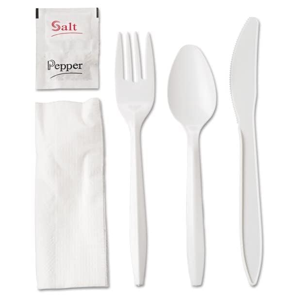 250 Plastic Cutlery Packets - Knife Fork Spoon Napkin Salt Pepper Sets | White Silverware Individually Wrapped, Bulk Disposable To Go Utensil Kits