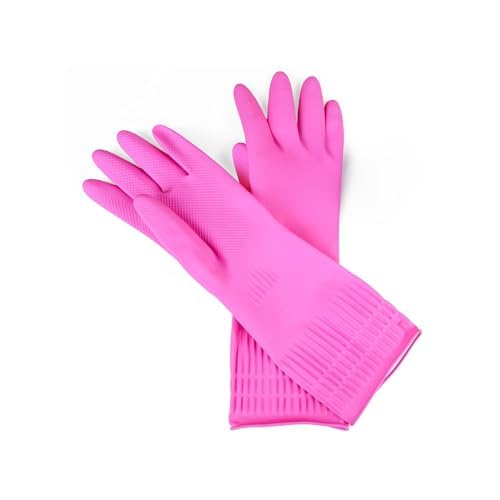 Happy Hands Rubber Cleaning Gloves - Versatile Waterproof Reusable Pink Gloves for Kitchen, Dishwashing, and Household Tasks, Hi-Tech Grip, Non-Slip