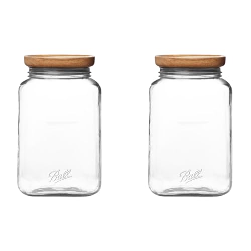 Ball Stack & Store Glass Mason Jars with Wooden Lid, Used for Pantry, Cookies, Flour, Cereal, Rice, Sugar, Tea, Coffee Beans, Spices, Square, 15.6-Cup