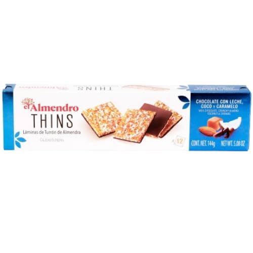 El Almendro Nougat Sheets Almond Turrón Thins, Thin Crunchy Almond Candy, 48 Individually Wrapped Pieces, 4 Assorted Flavors (Coconut & Milk