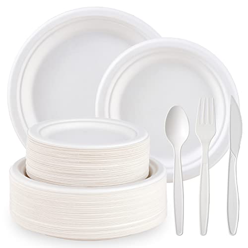 ECOLipak Heavy Duty Compostable Paper Plates Set - 350 Biodegradable Plates & Eco Friendly CPLA Cutlery for DInnerware, Party, Camping & BBQ