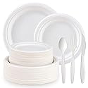 ECOLipak Heavy Duty Compostable Paper Plates Set - 350 Biodegradable Plates & Eco Friendly CPLA Cutlery for DInnerware, Party, Camping & BBQ