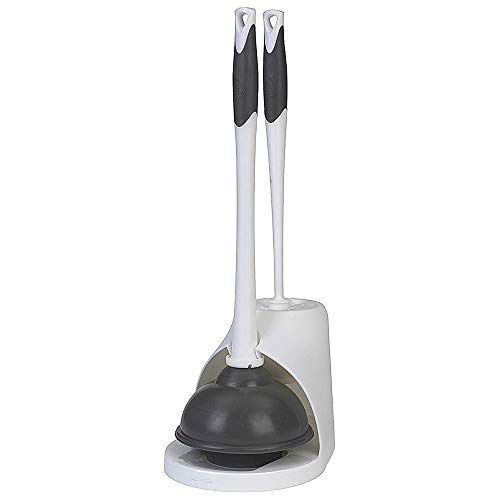Clorox Toilet Plunger and Brush Bowl Set with Holder Caddy Storage for Cleaning Bathroom and Unclogging Toilets, White and Gray