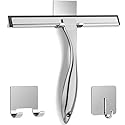 All-Purpose Stainless Steel Shower Squeegee for Shower Glass Door with 2 Adhesive Hooks, Bathroom Cleaner Tool Household Window Mirror Squeegee