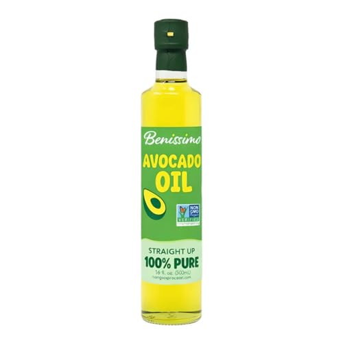 Benissimo 100% Pure Avocado Oil, 500ml Glass Bottle, Allergen-Free and Non-GMO, Premium Cold-Pressed Cooking Oil for Grilling, Sautéing, Baking