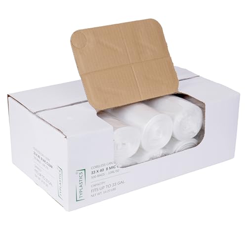 TYPLASTICS 33 Gallon Clear Trash Can Liners - 33" x 40" - High Density Garbage Bags - Case of 500 - Multipurpose for Office, Outdoor, Recycling