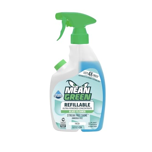 Mean Green Refillable Ultra Powered Glass Cleaner Concentrate, Fresh Scent, 14.3 fl oz - Plant & Mineral Based, Streak-Free Shine, Refillable Bottle