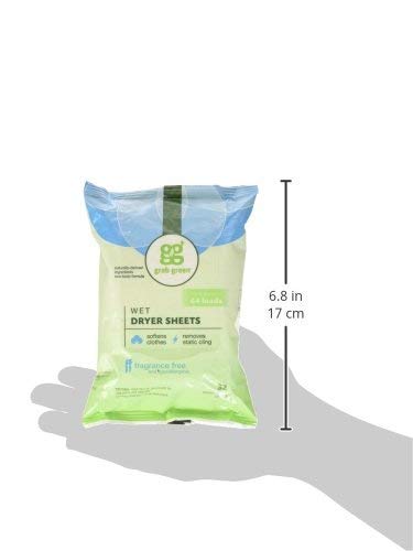 Grab Green Natural Wet Dryer Sheets, Unscented/Free & Clear, Fabric Softener & Static-Reducer, 64 Loads, Reusable & Compostable, Fragrance Free