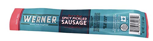 Werner Spicy Pickled Sausage Pack of 12 - Pork & Beef Sausages 1.7 Ounce Individually Wrapped Meat Snacks