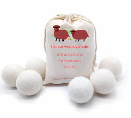 BLJ Wool Dryer Balls 6Pack-XL. Organic Sheep Wool from New Zealand, Hypoallergenic, Leave Clothes Fluffy and Wrinkle Free, Eco-Friendly.