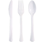 Tiger Chef Plastic Cutlery Set Heavy Duty Colored Plastic Silverware - Includes 32 Forks, 32 Teaspoons, and 32 Knives (Pearl, 96)