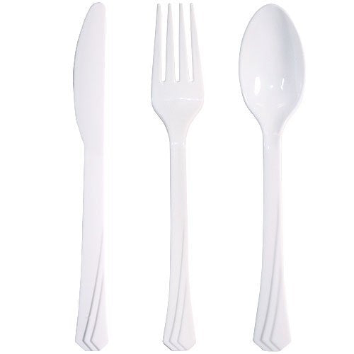Tiger Chef Plastic Cutlery Set Heavy Duty Colored Plastic Silverware - Includes 32 Forks, 32 Teaspoons, and 32 Knives (Pearl, 96)