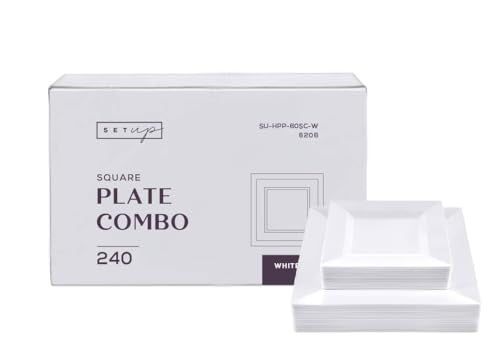 SETUP [Case of 240 Combo White Square Plates, Disposable Plastic Plates - Premium Heavy-Duty 120 Disposable 9.5" Dinner Party Plates and 120