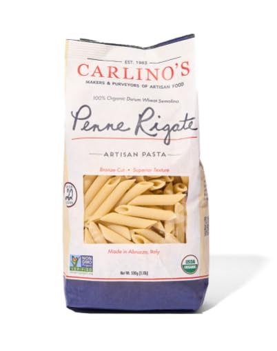 Carlino's Dried Penne Rigate | Organic Durum Wheat Semolina | Bronze Die Cut | Air Dried | Non-GMO, USDA Organic, Made in Italy, 17.6 Oz (Pack of 4)