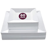 Aya's 60ct Square Plastic Disposable Plates, White - 9.5-Inch 30 Dinner and 6.5-Inch 30 Salad Plates for Party - Heavy-Duty Hard Plastic Design