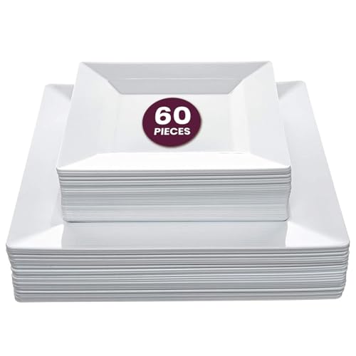 Aya's 60ct Square Plastic Disposable Plates, White - 9.5-Inch 30 Dinner and 6.5-Inch 30 Salad Plates for Party - Heavy-Duty Hard Plastic Design