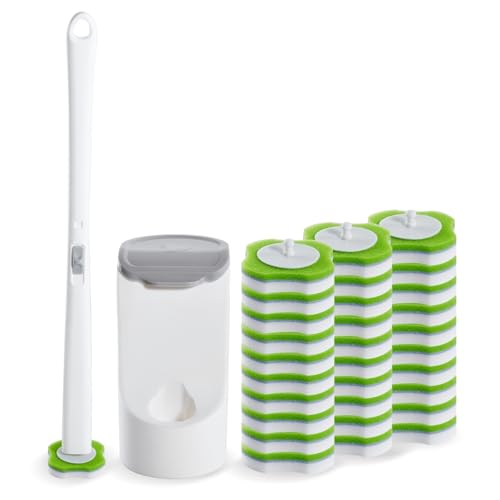 Magic Sponge Eraser Disposable Toilet Brush Set, Wall Mounted Toilet Bowl Brush and Holder with 30 Magic Sponge Eraser Wand Refills