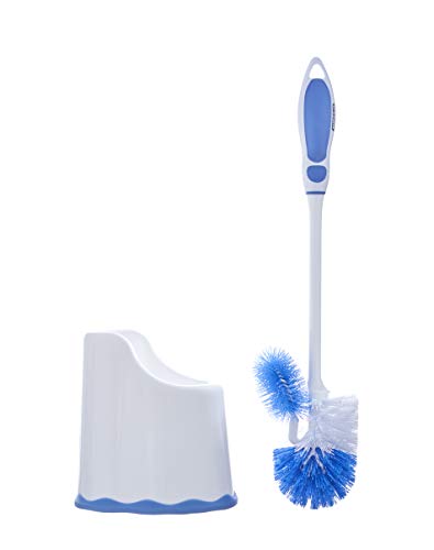 Superio Toilet Brush and Holder,Toilet Bowl Cleaning System with Scrubbing Wand, Under Rim Lip Brush and Storage Caddy for Bathroom, White and Blue