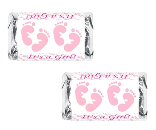 60 Pink Footprints Baby Shower Miniatures Chocolate Candy Bar Wrapper, Its a Girl Baby Shower Mini Candy Bar Stickers Decorations, Candy Not Included