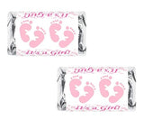 60 Pink Footprints Baby Shower Miniatures Chocolate Candy Bar Wrapper, Its a Girl Baby Shower Mini Candy Bar Stickers Decorations, Candy Not Included