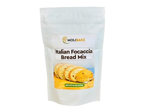 Molibake Italian Focaccia Bread Mix - Pack of 1, 15 oz - Artisan Mediterranean Style with Bell Pepper, Tomato, Onion, Garlic & Herbs