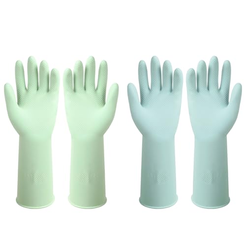 ZUIMER Dishwashing Rubber Gloves Reusable Kitchen Gloves 2Pairs Cleaning Gloves for Washing Dishes Long-lasting&Non-Slip (Light Blue&Light Green, M)