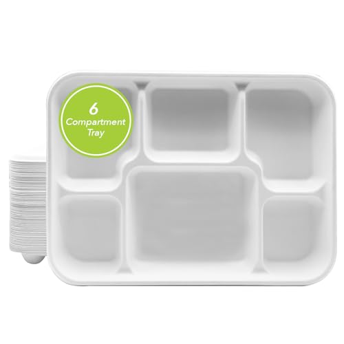 three leaf 6 Compartment Bagasse Tray 50 Ct. Heavy Duty, Super Strong,Eco Friendly Disposable Bagasse Plates,100% Biodegradable Plates, Microwave