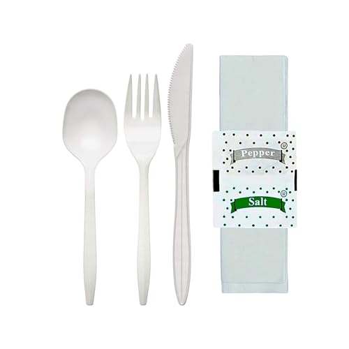 Green Direct Medium Weight Wrapped Plastic Cutlery Set with Napkin, Fork, Spoon, Knife, Salt, Pepper, White 50 Pack Plastic Cutlery Meal Kit