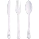 Tiger Chef Plastic Cutlery Set Heavy Duty Colored Plastic Silverware - Includes 32 Forks, 32 Teaspoons, and 32 Knives (Pearl, 96)