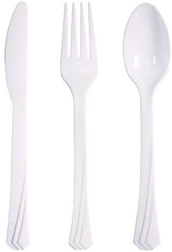 Tiger Chef Plastic Cutlery Set Heavy Duty Colored Plastic Silverware - Includes 32 Forks, 32 Teaspoons, and 32 Knives (Pearl, 96)