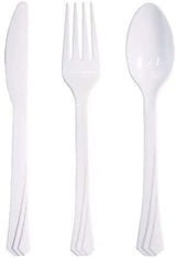 Tiger Chef Plastic Cutlery Set Heavy Duty Colored Plastic Silverware - Includes 32 Forks, 32 Teaspoons, and 32 Knives (Pearl, 96)