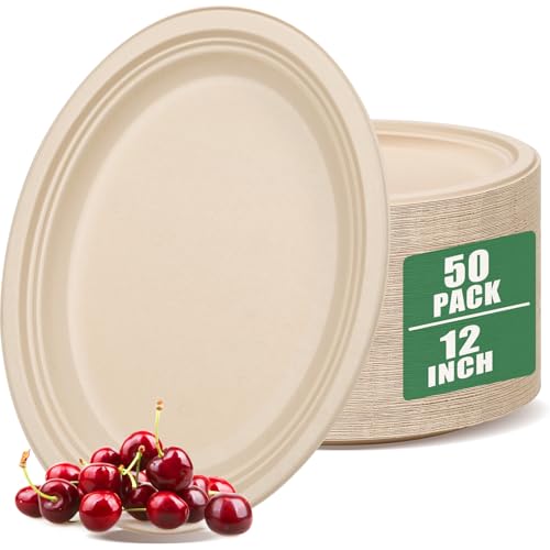 IJRPLM 50 Pack Oval Paper Plates, 12 Inch Disposable Paper Plates Heavy Duty,Compostable Oval Plate, Natural Bagasse Sugarcane Plate for BBQ Party