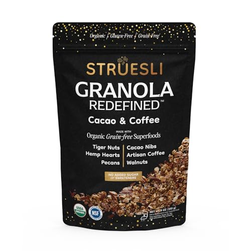 Struesli Cacao & Coffee Organic Granola, Grain & Gluten Free, Healthy Snacks with Cacao, Coffee, Tiger Nuts, Pecans, Walnuts, Hemp Hearts & Coconut