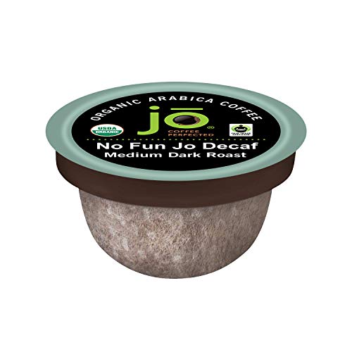 No Fun Jo Decaf: 12 Organic Compostable Pods for Keurig K-Cup Compatible Brewers, Swiss Water Process Eco-Friendly Single Serve Coffee Medium/Dark