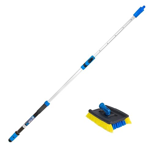 Unger Professional Lock-On Wood & Composite Deck Brush with EZ Extend Pro Telescopic Pole for Outdoor Decks with Durable Dual-Bristle, Swivel Deck