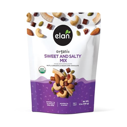 Elan Organic Sweet & Salty Mix, 5.3 oz, Non-GMO, Gluten-Free, Vegan, Kosher, Vegan Dark Chocolate, Dried Fruits (Raisins, Dates), Nuts (Roasted