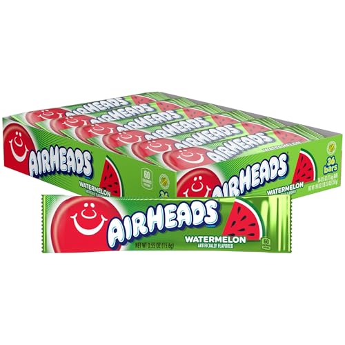 Airheads Full-Size Candy Bars, Taffy Candy Pack, Individually Wrapped Bulk Candy, Watermelon Flavor Artificially Flavored, 36 Count Box
