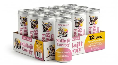 Zero Sugar Energy Drink with Shilajit & Saffron - Pineapple Guava - 12 Pack (12oz Cans) - Electrolytes, Pink Salt & Zam Zam Water - No Crash Energy
