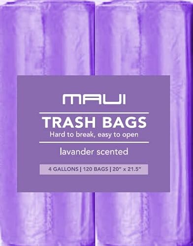 Maui Small Trash Bags (120 count), 4 Gallons Lavender Scented Strong Trash Bags. for Office, Bathrooms, Bedroom, Home and Kitchen. Easily fit 4 Gallon