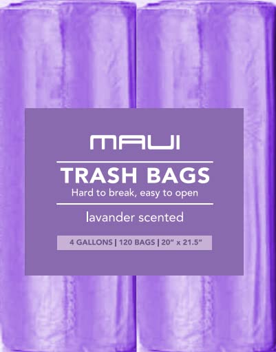 Maui Small Trash Bags (120 count), 4 Gallons Lavender Scented Strong Trash Bags. for Office, Bathrooms, Bedroom, Home and Kitchen. Easily fit 4 Gallon