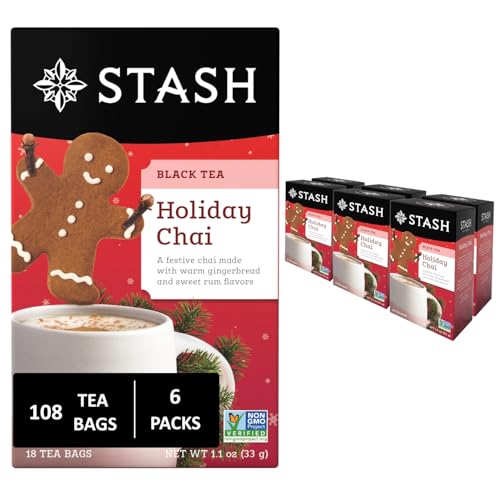 Stash Tea Holiday Chai Tea 18 Count Tea Bags (Pack of 6), Individual Spiced Black Tea Bags for Use in Teapots Mugs or Cups, Brew Hot Tea or Iced Tea
