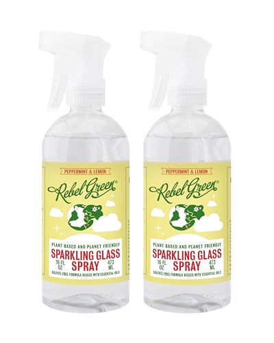 Rebel Green Sparkling Glass Spray - Streak-Free Natural Glass Cleaner for Windows, Mirrors, and Surfaces - Peppermint & Lemon Scent - 16 oz - 2 Pack