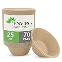 Enviro Safe Home 25 oz Bamboo Disposable Bowls - 70 Pack Heavy Duty Bowls for Hot & Cold Food - Microwave & Oven Safe, Leak Proof, Oil Resistant, BPA