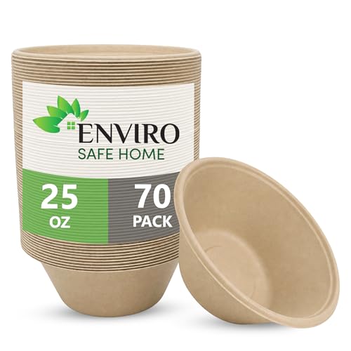 Enviro Safe Home 25 oz Bamboo Disposable Bowls - 70 Pack Heavy Duty Bowls for Hot & Cold Food - Microwave & Oven Safe, Leak Proof, Oil Resistant, BPA