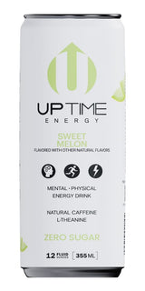 UPTIME Energy Drink, Sweet Summer Melon Sparkling, 12 Pack, Vitamin C, L Theanine, Calcium, Sugar Free Energy Drinks for Focus Support, 142mg