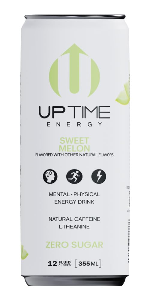 UPTIME Energy Drink, Sweet Summer Melon Sparkling, 12 Pack, Vitamin C, L Theanine, Calcium, Sugar Free Energy Drinks for Focus Support, 142mg