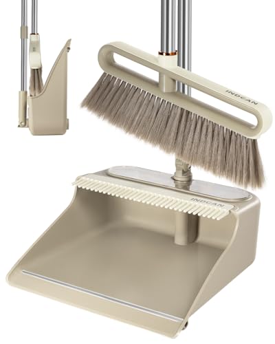 INDCAN Broom and Dustpan Set with 52" Adjustable Long Handle, Upright Standing Dustpan with Comb Teeth, Foldable Dustpan, Angled Broom Head