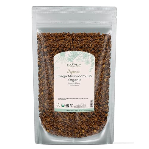 Starwest Botanicals Organic Dried Chaga Mushrooms - Cut and Sifted Chaga for Tea, Soups, Stews, Shakes, & More, Natural Earthy Flavor, Non GMO - 4 oz