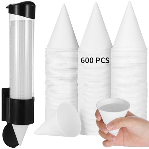 600PCS Snow Cone Cups with 1 Thicken Disposable Cup Dispenser, 4 oz Paper Cone Cups, Pull-Type Wall Mount Cup Holder for Water Coolers,Ice